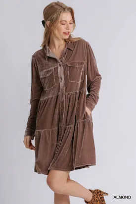 Velvet Long Sleeve Collar Button Down Tiered Dress with Pockets and No Lining - RESTOCKED!