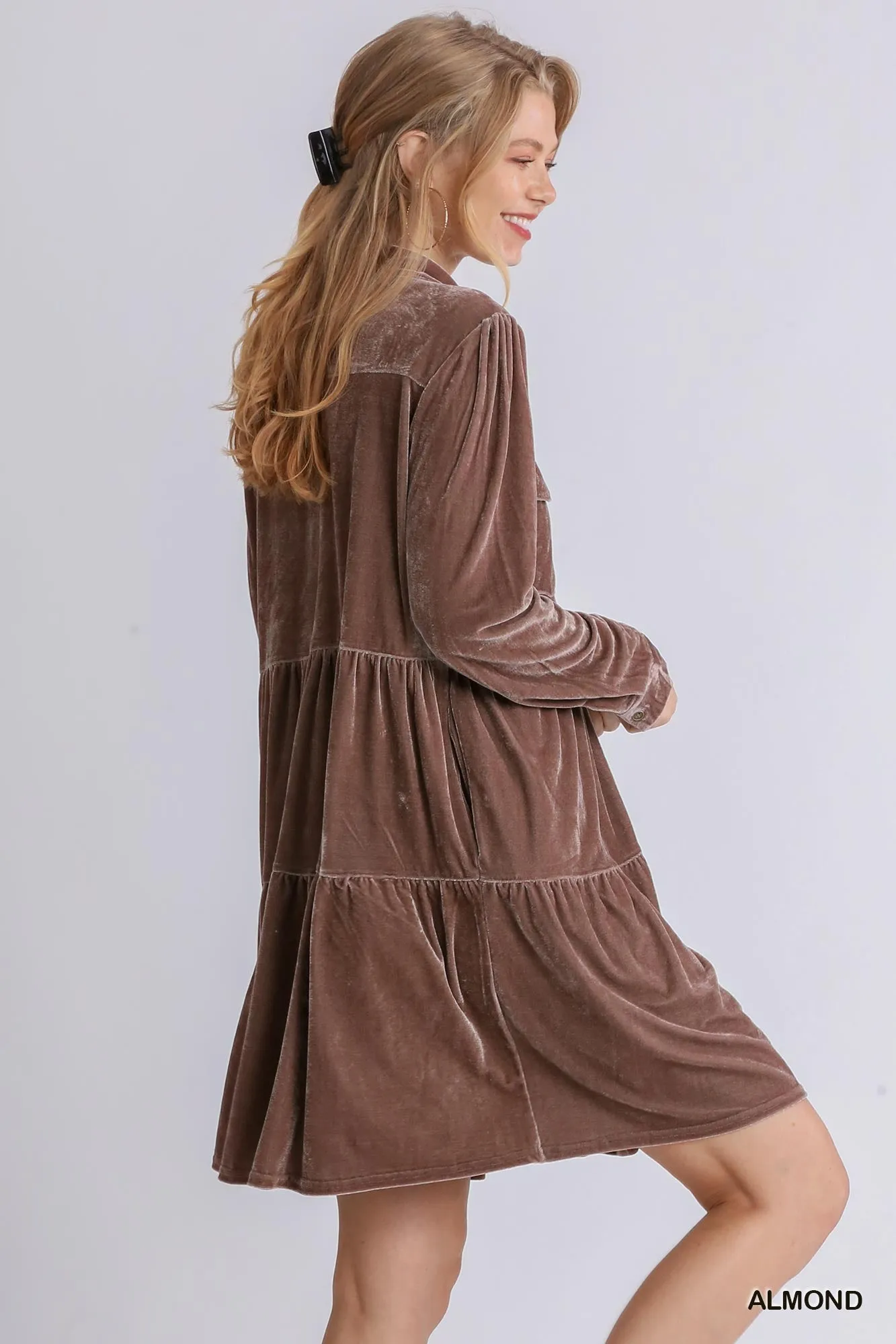 Velvet Long Sleeve Collar Button Down Tiered Dress with Pockets and No Lining - RESTOCKED!