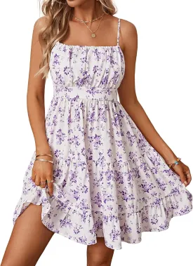 Verdusa Women's Floral Print Ruched Sleeveless Ruffle Hem A Line Swing Cami Dress