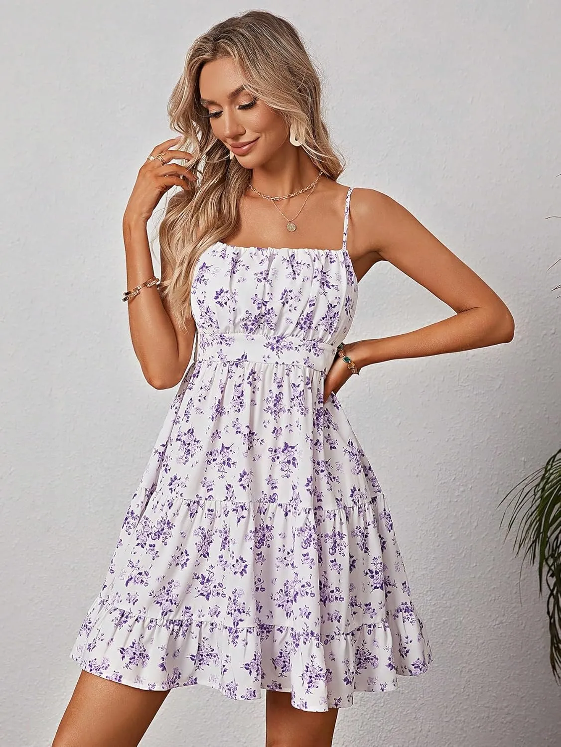 Verdusa Women's Floral Print Ruched Sleeveless Ruffle Hem A Line Swing Cami Dress