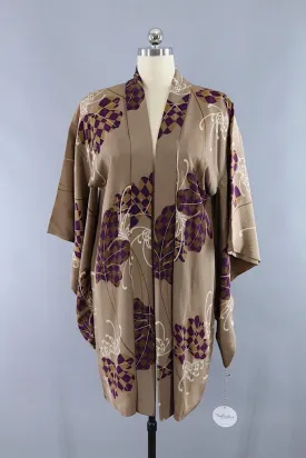Vintage 1920s Silk Kimono Cardigan Jacket / Taupe Chrysanthemum Floral