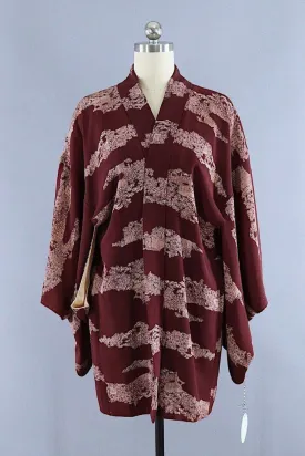 Vintage Silk Kimono Cardigan / Brown Village Scene Novelty Print