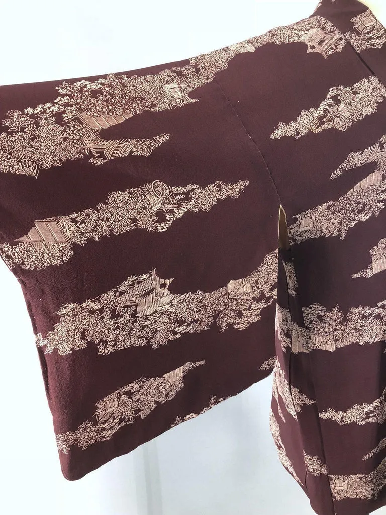 Vintage Silk Kimono Cardigan / Brown Village Scene Novelty Print