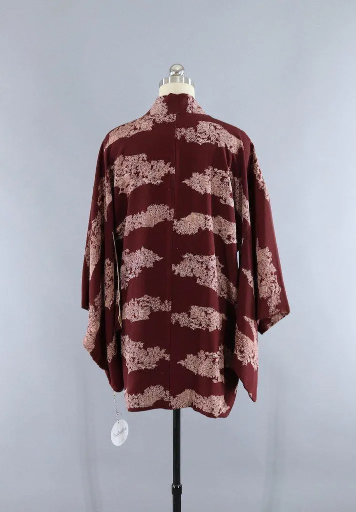 Vintage Silk Kimono Cardigan / Brown Village Scene Novelty Print