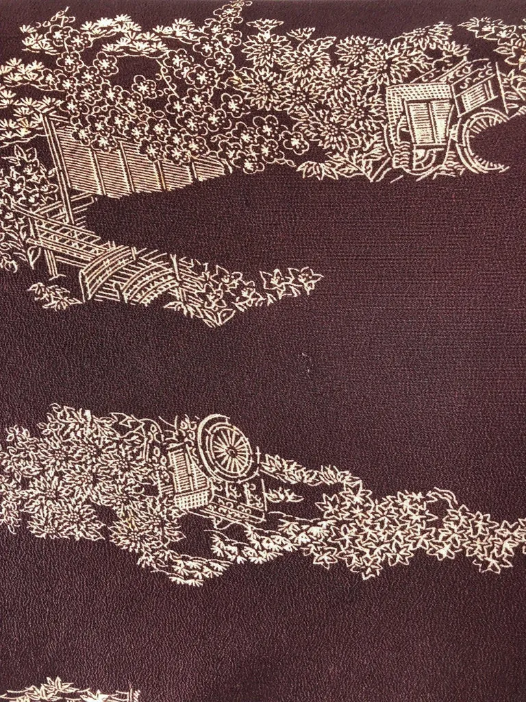 Vintage Silk Kimono Cardigan / Brown Village Scene Novelty Print