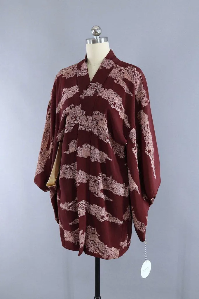 Vintage Silk Kimono Cardigan / Brown Village Scene Novelty Print
