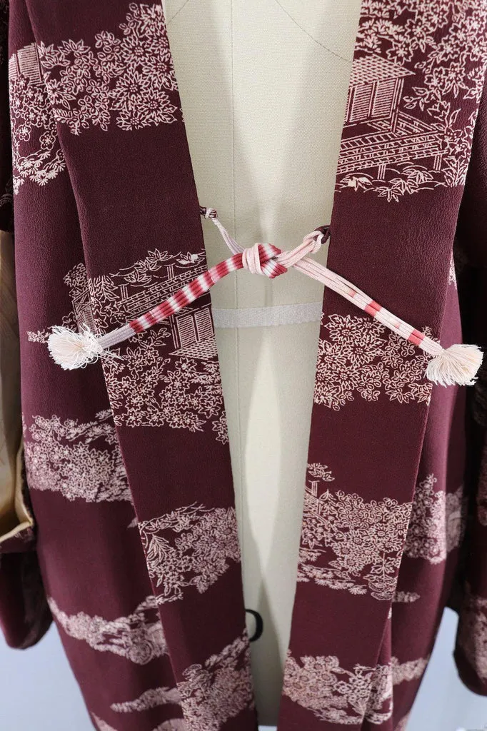 Vintage Silk Kimono Cardigan / Brown Village Scene Novelty Print