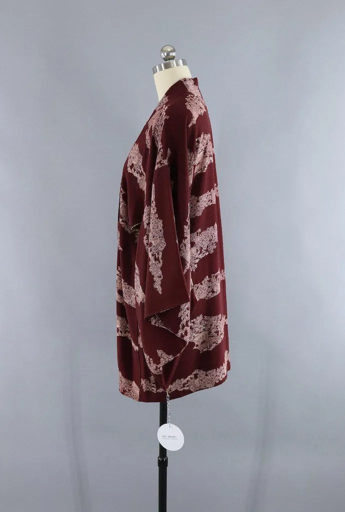 Vintage Silk Kimono Cardigan / Brown Village Scene Novelty Print