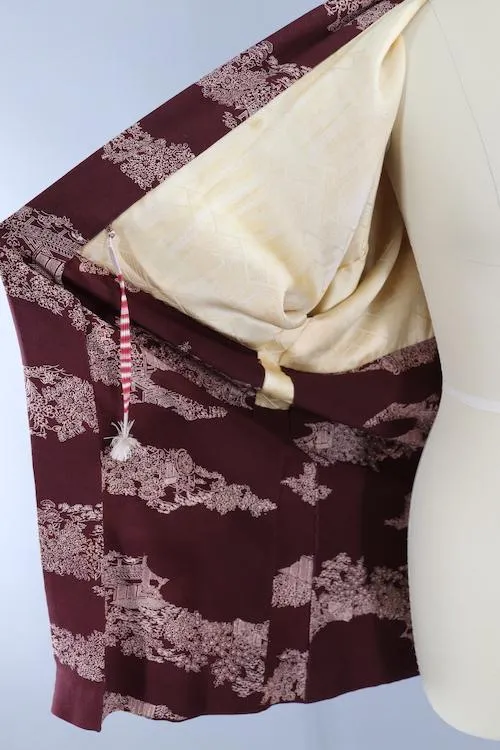 Vintage Silk Kimono Cardigan / Brown Village Scene Novelty Print
