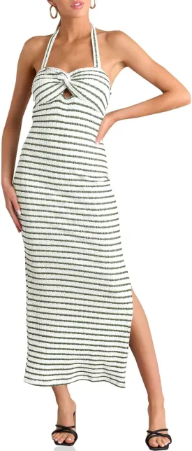 Wenrine Womens Summer Striped Halter Neck Dress Sexy Twist Front Cut Out High Split Casual Sleeveless Maxi Dress
