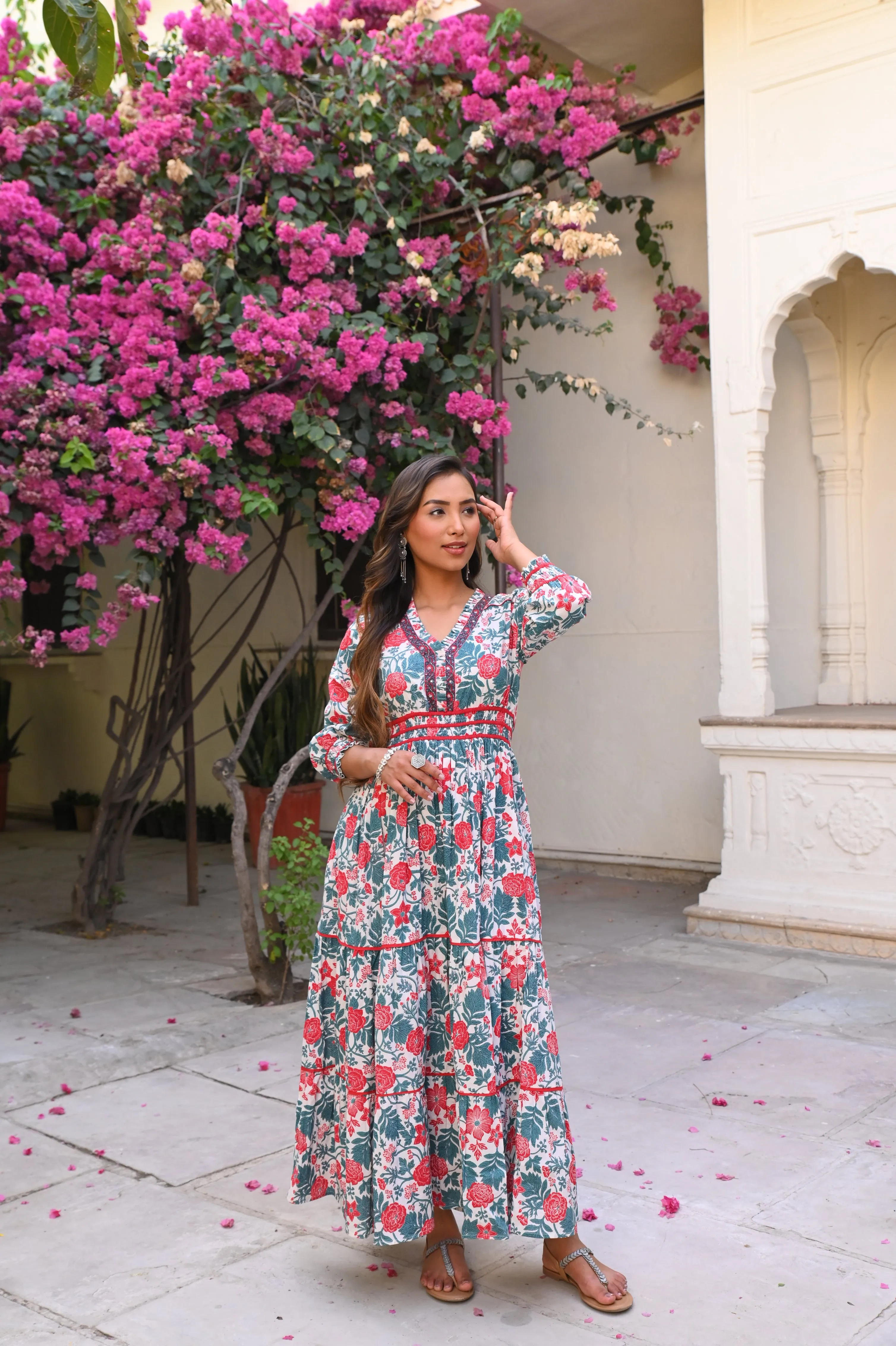 White Cotton Designer Detailed Tiered Dress