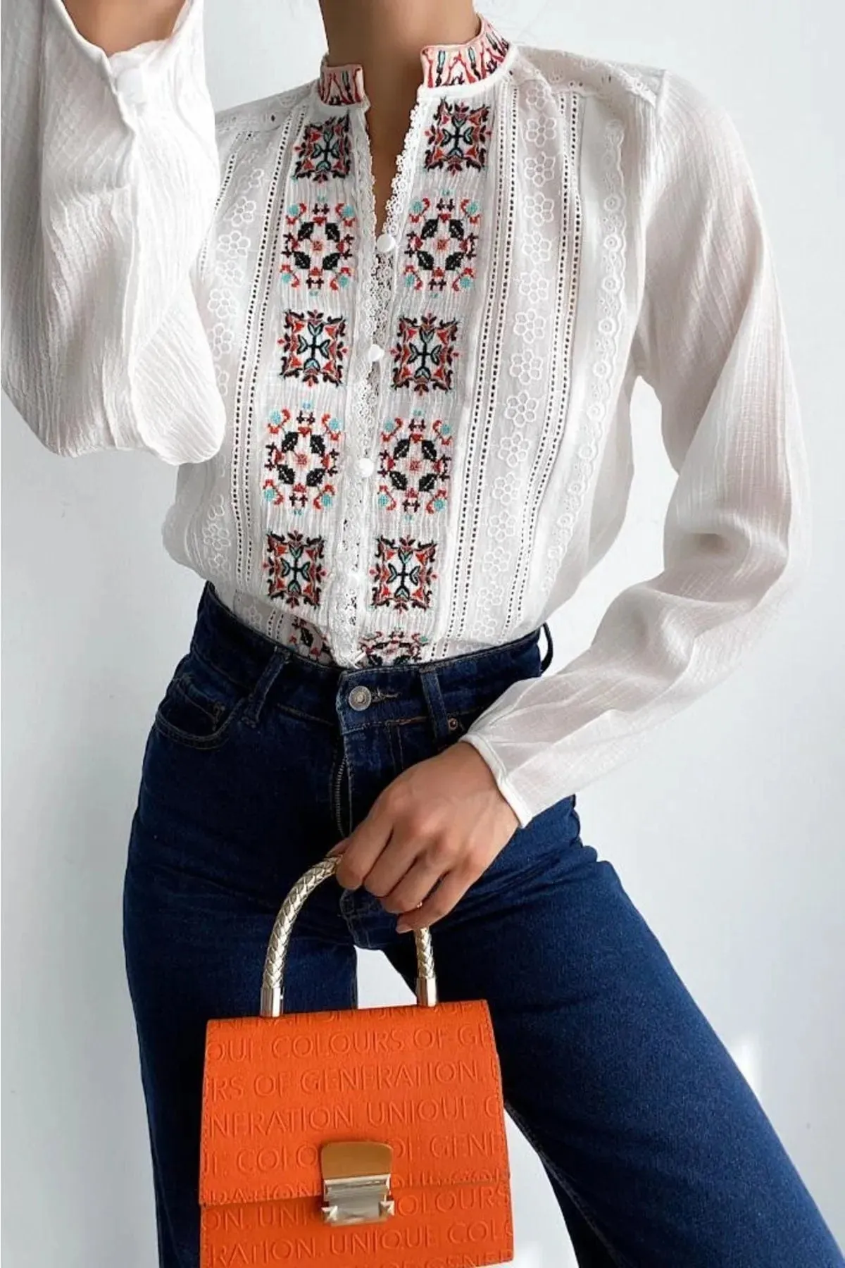 White Cross-stitch Embroidered Button And Lace Detailed Vintage Ethnic  Pattern Women's Blouse,Gift For Her,Boho Blouse,Vintage Blouse