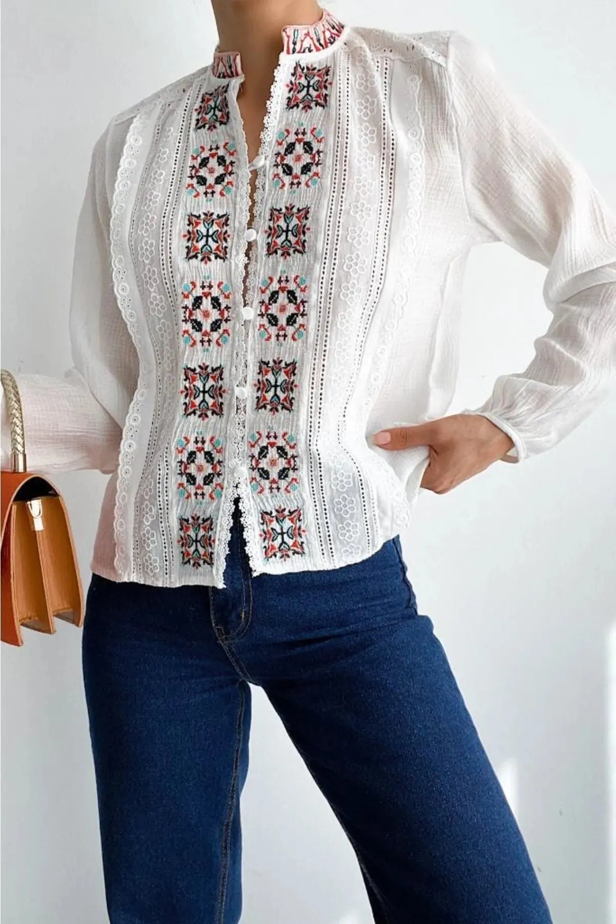 White Cross-stitch Embroidered Button And Lace Detailed Vintage Ethnic  Pattern Women's Blouse,Gift For Her,Boho Blouse,Vintage Blouse