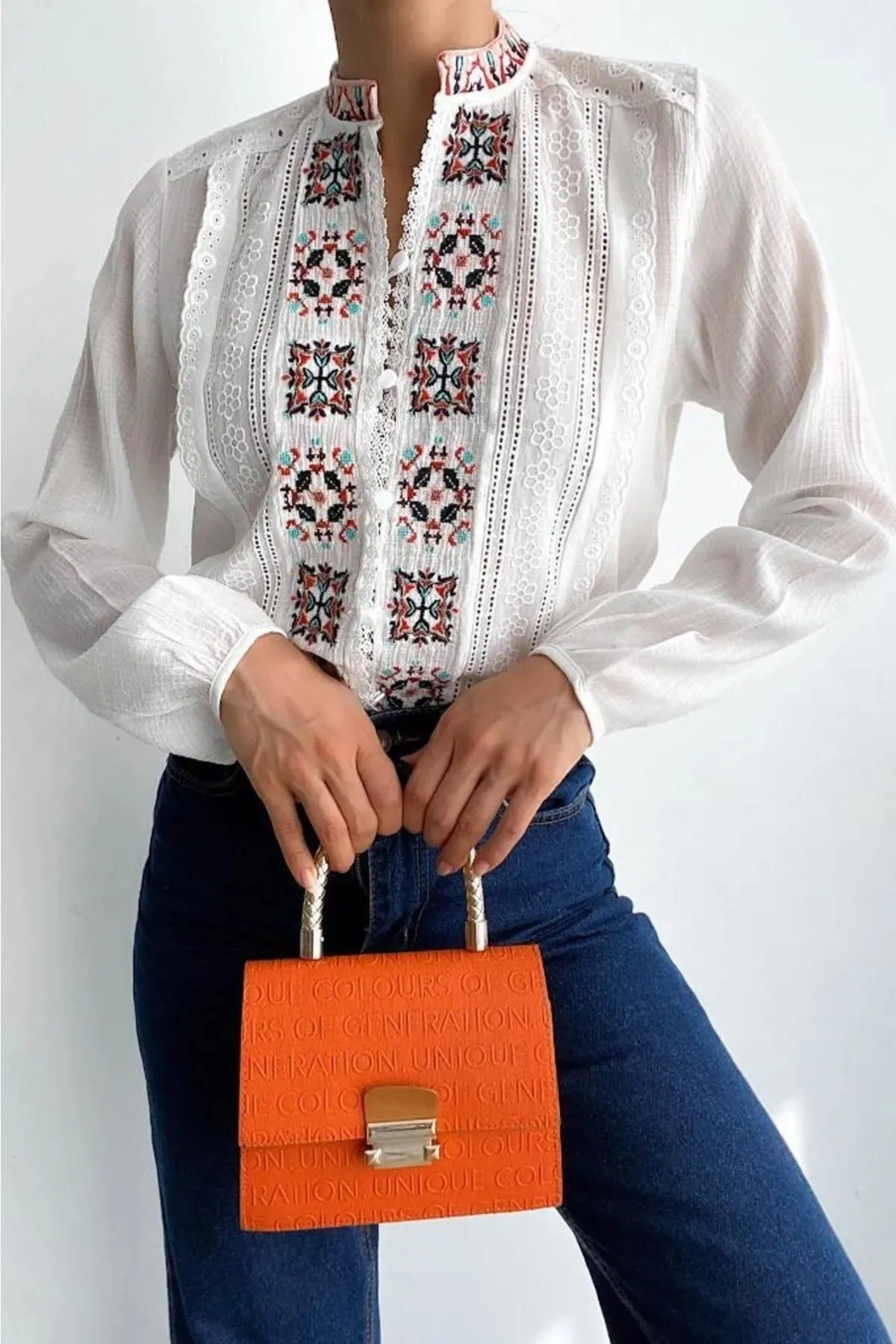 White Cross-stitch Embroidered Button And Lace Detailed Vintage Ethnic  Pattern Women's Blouse,Gift For Her,Boho Blouse,Vintage Blouse