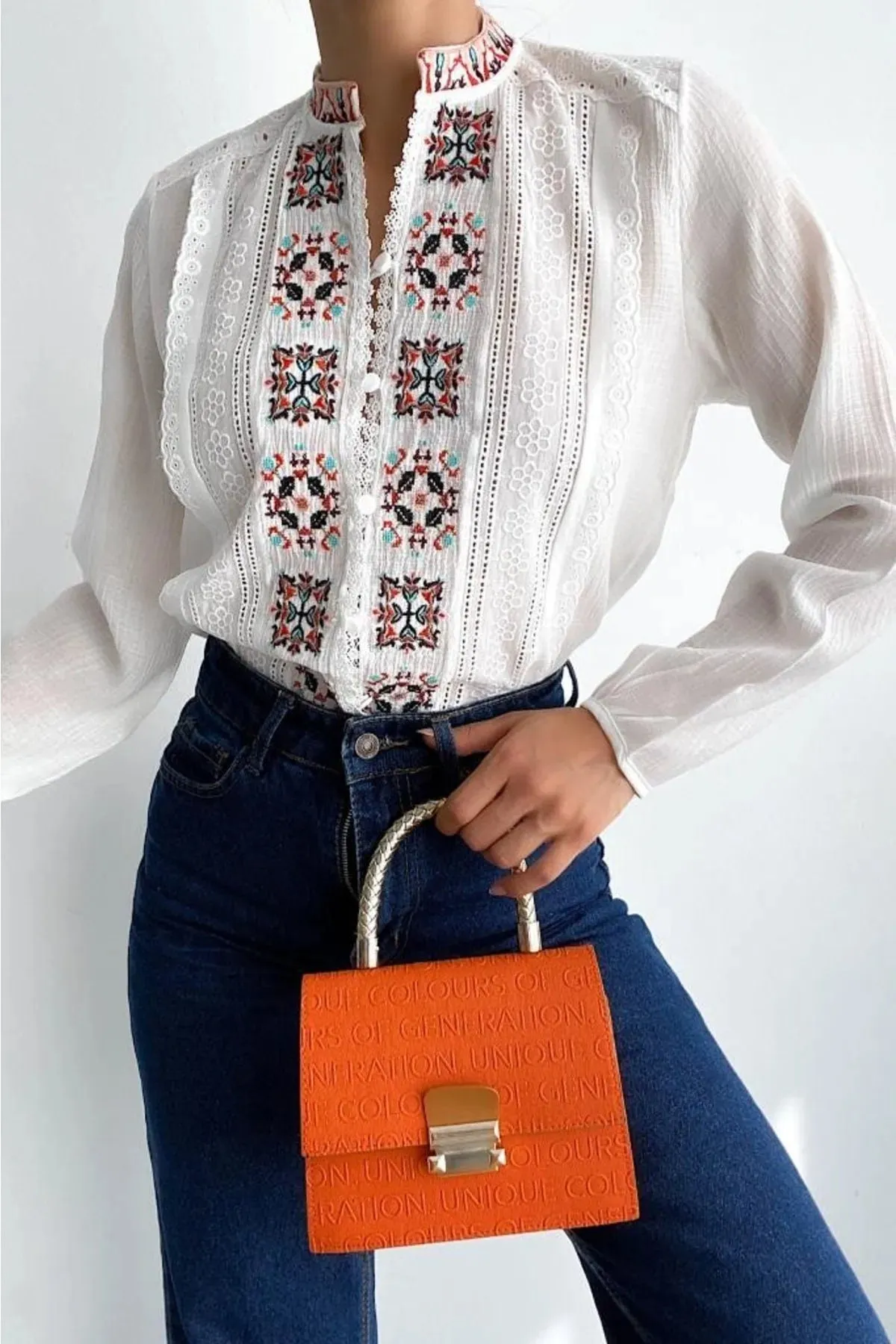 White Cross-stitch Embroidered Button And Lace Detailed Vintage Ethnic  Pattern Women's Blouse,Gift For Her,Boho Blouse,Vintage Blouse