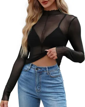 WIHOLL Womens Mesh Sheer Tops Sexy Crew Neck Summer Loose FIt Party Clubwear Shirts