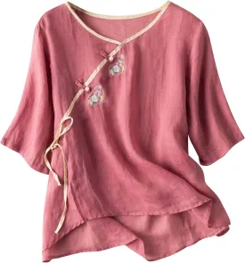 Women Loose Cotton Linen Blouse with Chinese Frog Button Tops Embroidered Floral Short Sleeve Jacquard Shirts