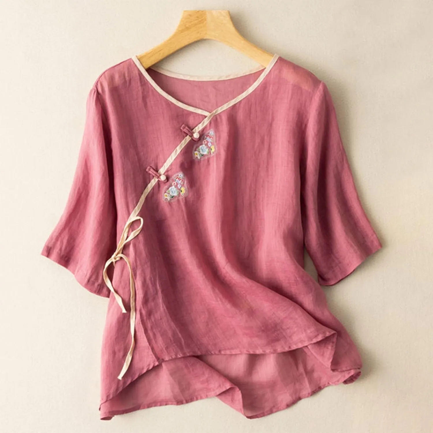Women Loose Cotton Linen Blouse with Chinese Frog Button Tops Embroidered Floral Short Sleeve Jacquard Shirts