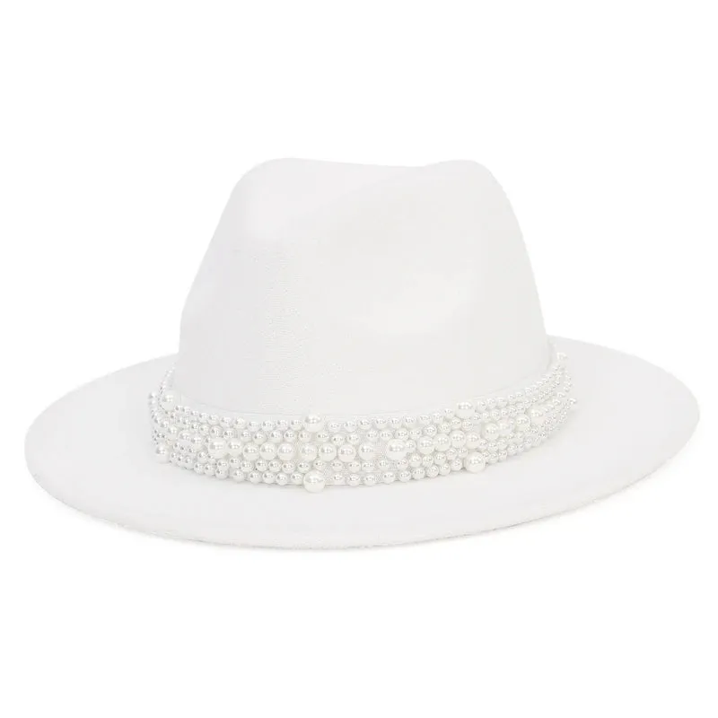 Women Pearl Ribbon Felt Fedora Hat