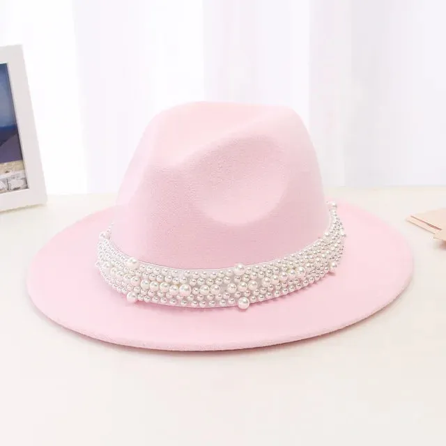 Women Pearl Ribbon Felt Fedora Hat