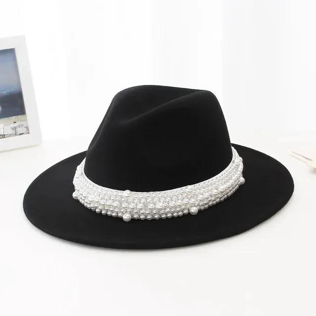 Women Pearl Ribbon Felt Fedora Hat