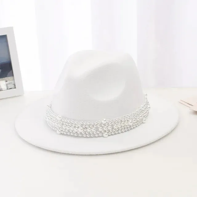 Women Pearl Ribbon Felt Fedora Hat