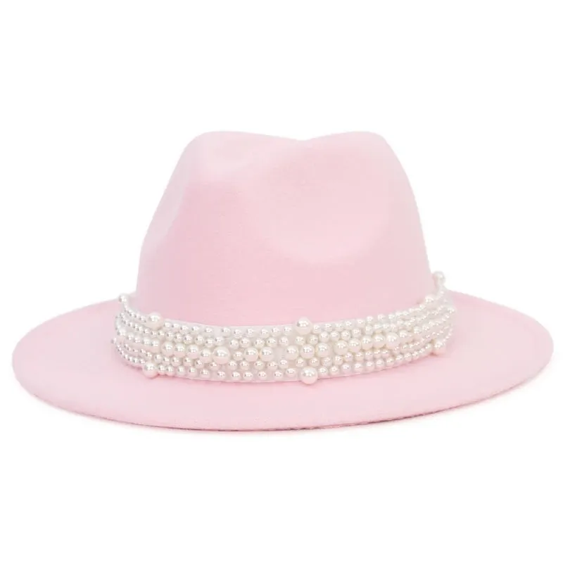 Women Pearl Ribbon Felt Fedora Hat