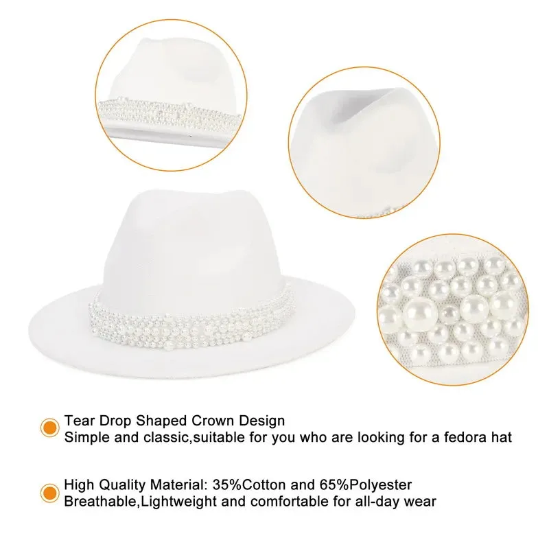 Women Pearl Ribbon Felt Fedora Hat