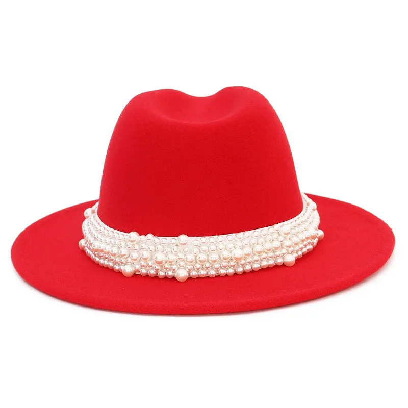 Women Pearl Ribbon Felt Fedora Hat