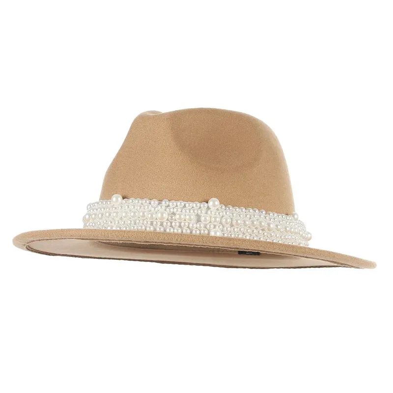 Women Pearl Ribbon Felt Fedora Hat
