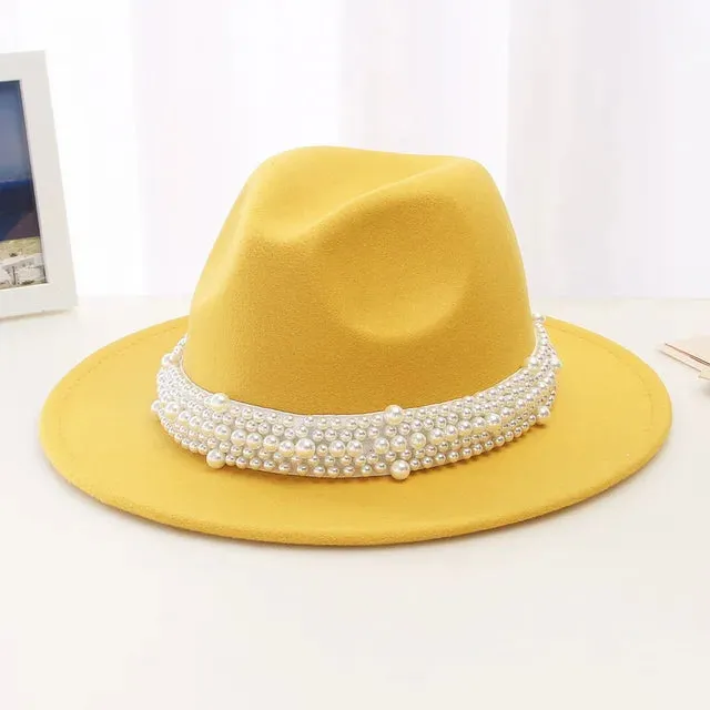 Women Pearl Ribbon Felt Fedora Hat