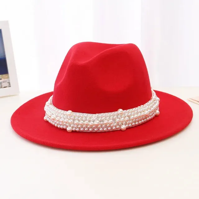 Women Pearl Ribbon Felt Fedora Hat