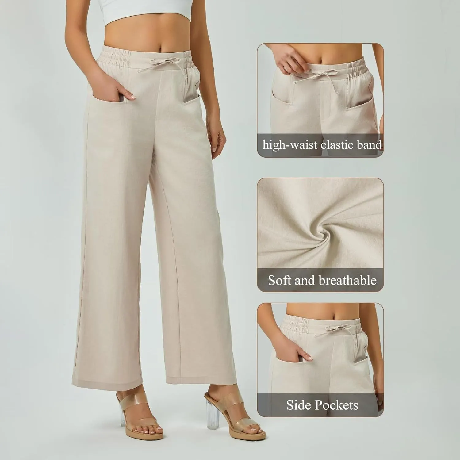 Women's Casual Cotton and Linen Wide Leg Pants with Pockets Boho Palazzo High Waisted Trousers