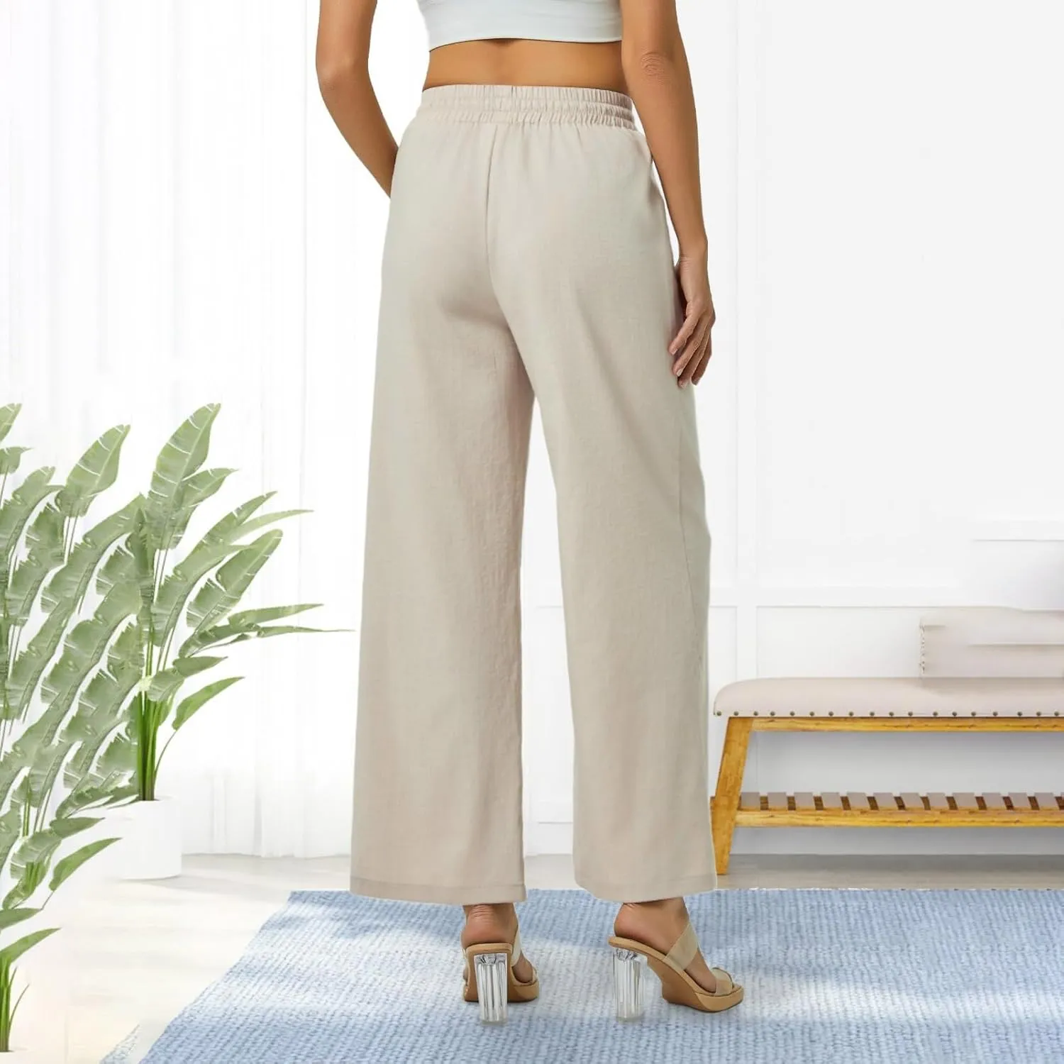 Women's Casual Cotton and Linen Wide Leg Pants with Pockets Boho Palazzo High Waisted Trousers