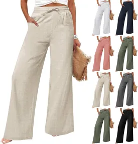 Women's Casual Cotton and Linen Wide Leg Pants with Pockets Boho Palazzo High Waisted Trousers