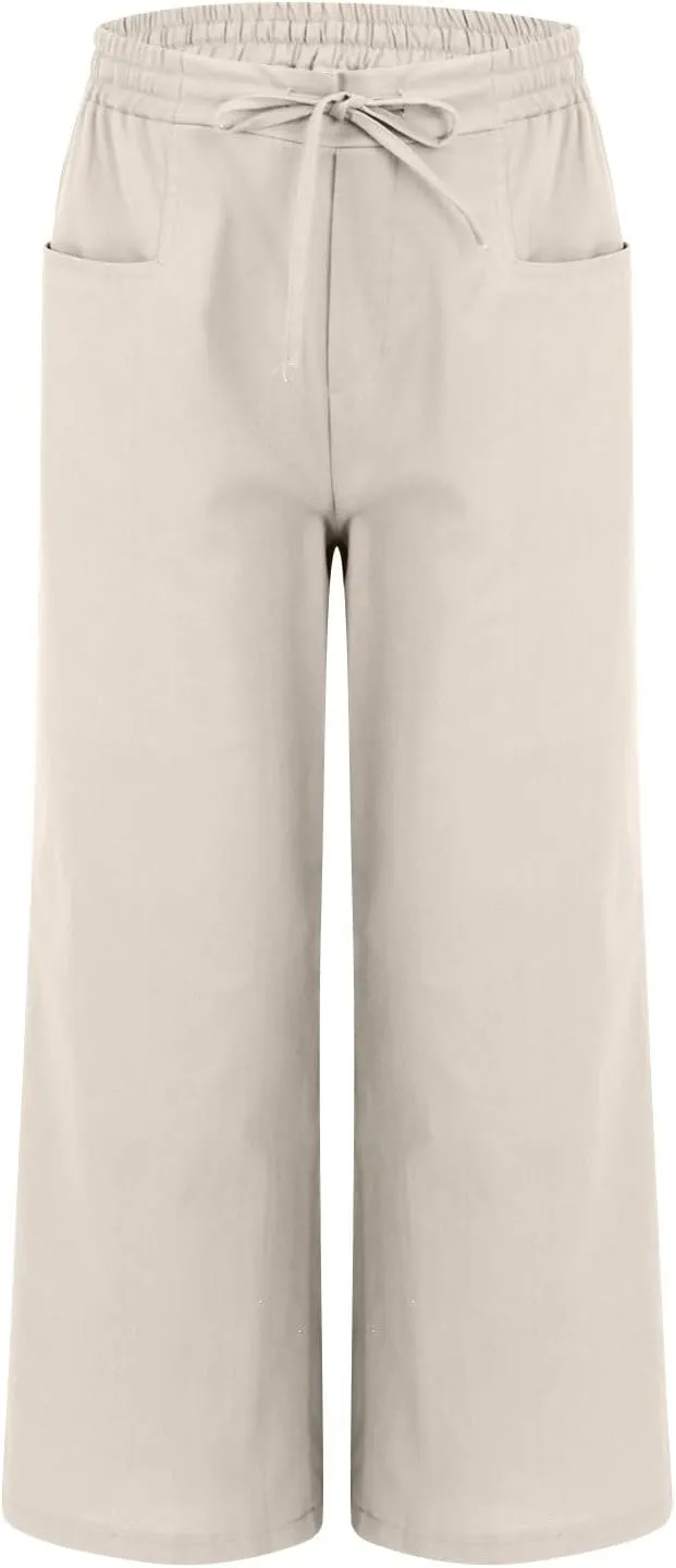 Women's Casual Cotton and Linen Wide Leg Pants with Pockets Boho Palazzo High Waisted Trousers