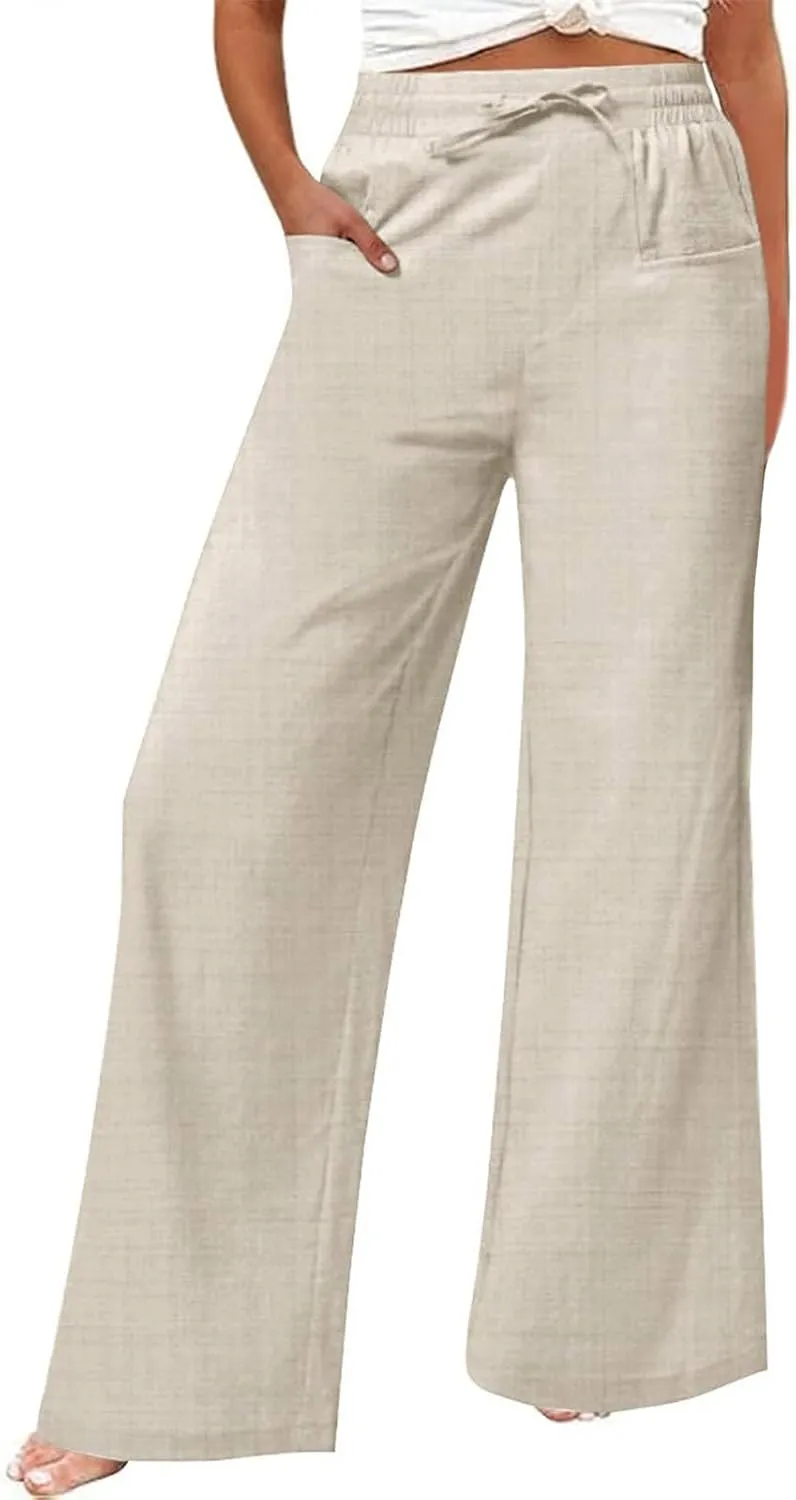 Women's Casual Cotton and Linen Wide Leg Pants with Pockets Boho Palazzo High Waisted Trousers