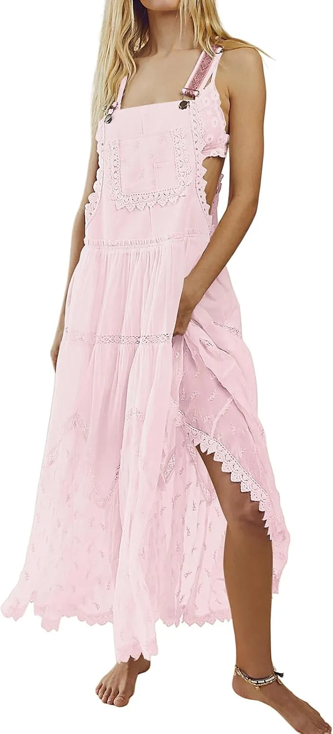 Women's Casual Lace Embroidered Maxi Dress Adjustable Strap Pleated Tiered Swing Long Dress with Pockets