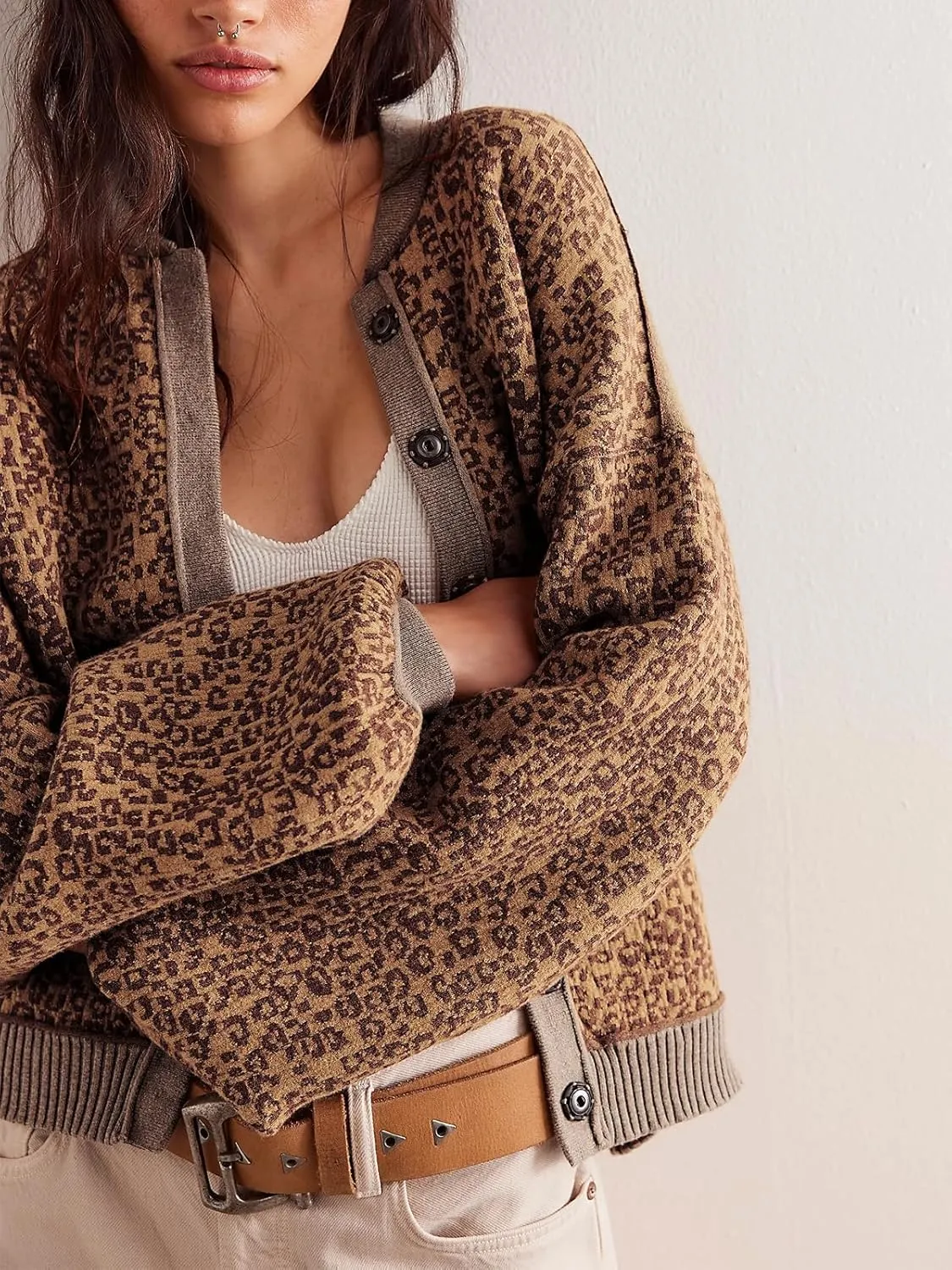 Women's Casual Leopard Print Jacket Crew Neck Long Sleeve Loose Fit Button Coat Fall Trendy Bomber Cardigan