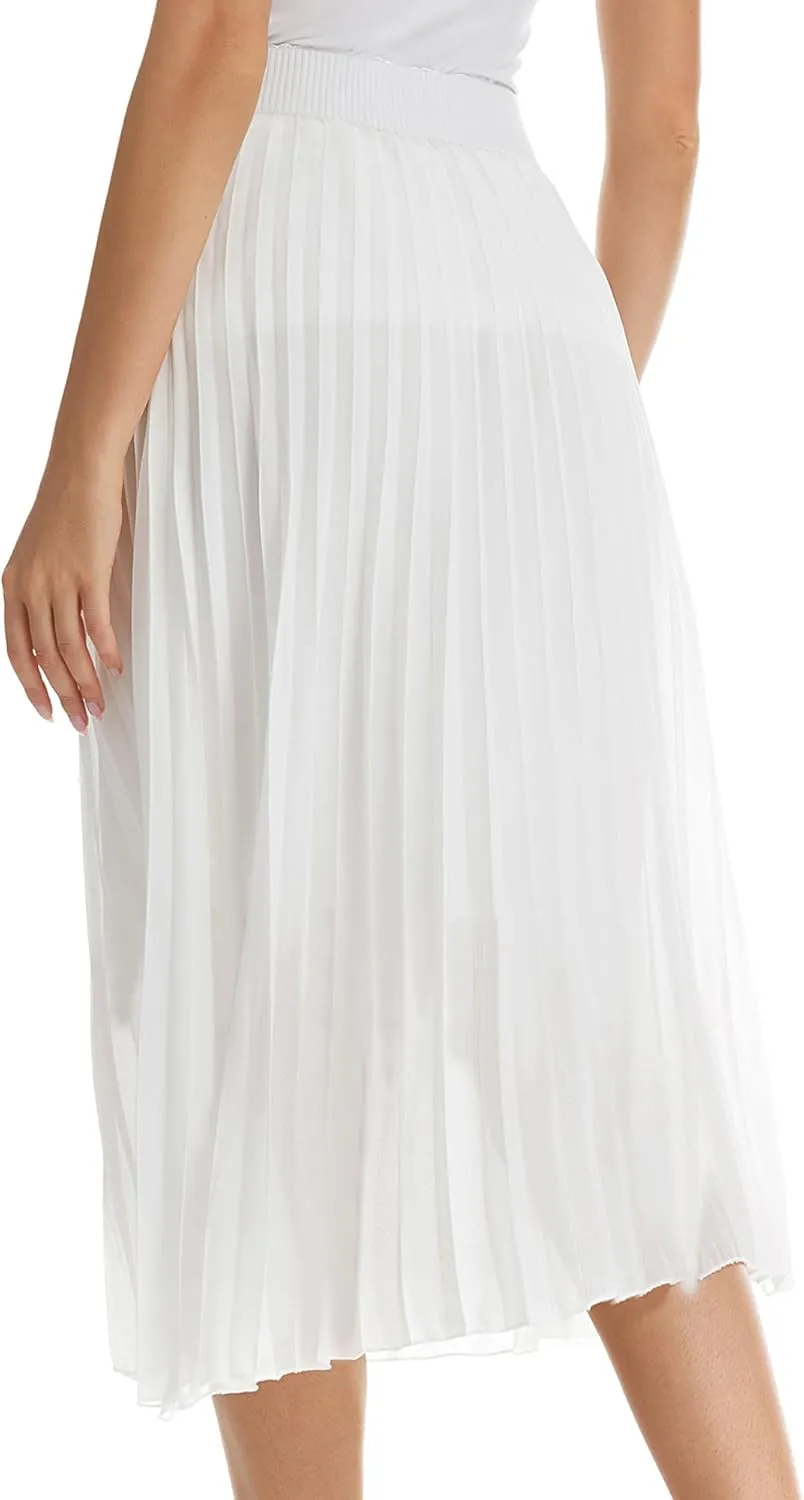 Womens Chiffon High Waist Skirt Pleated A-Line Swing Elastic Shirring Midi Length