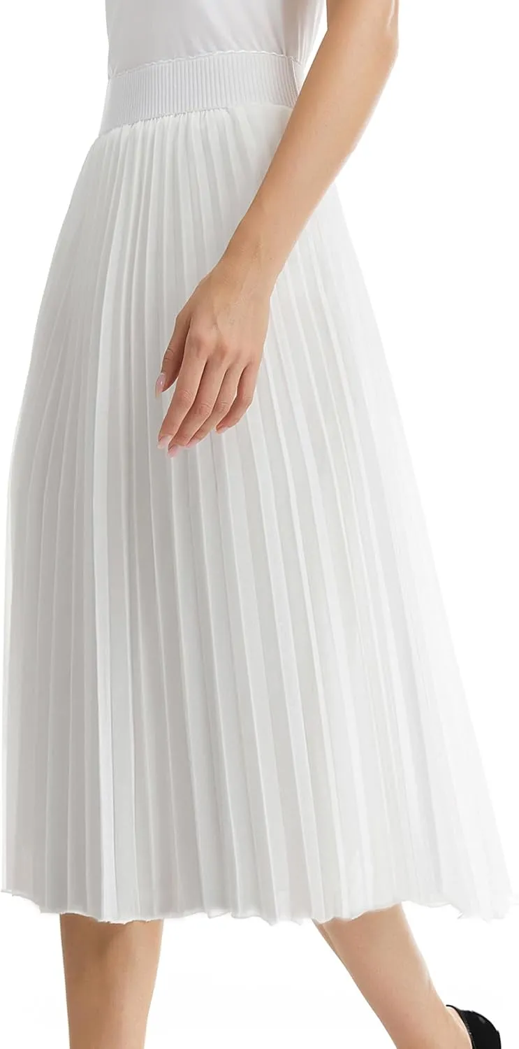 Womens Chiffon High Waist Skirt Pleated A-Line Swing Elastic Shirring Midi Length