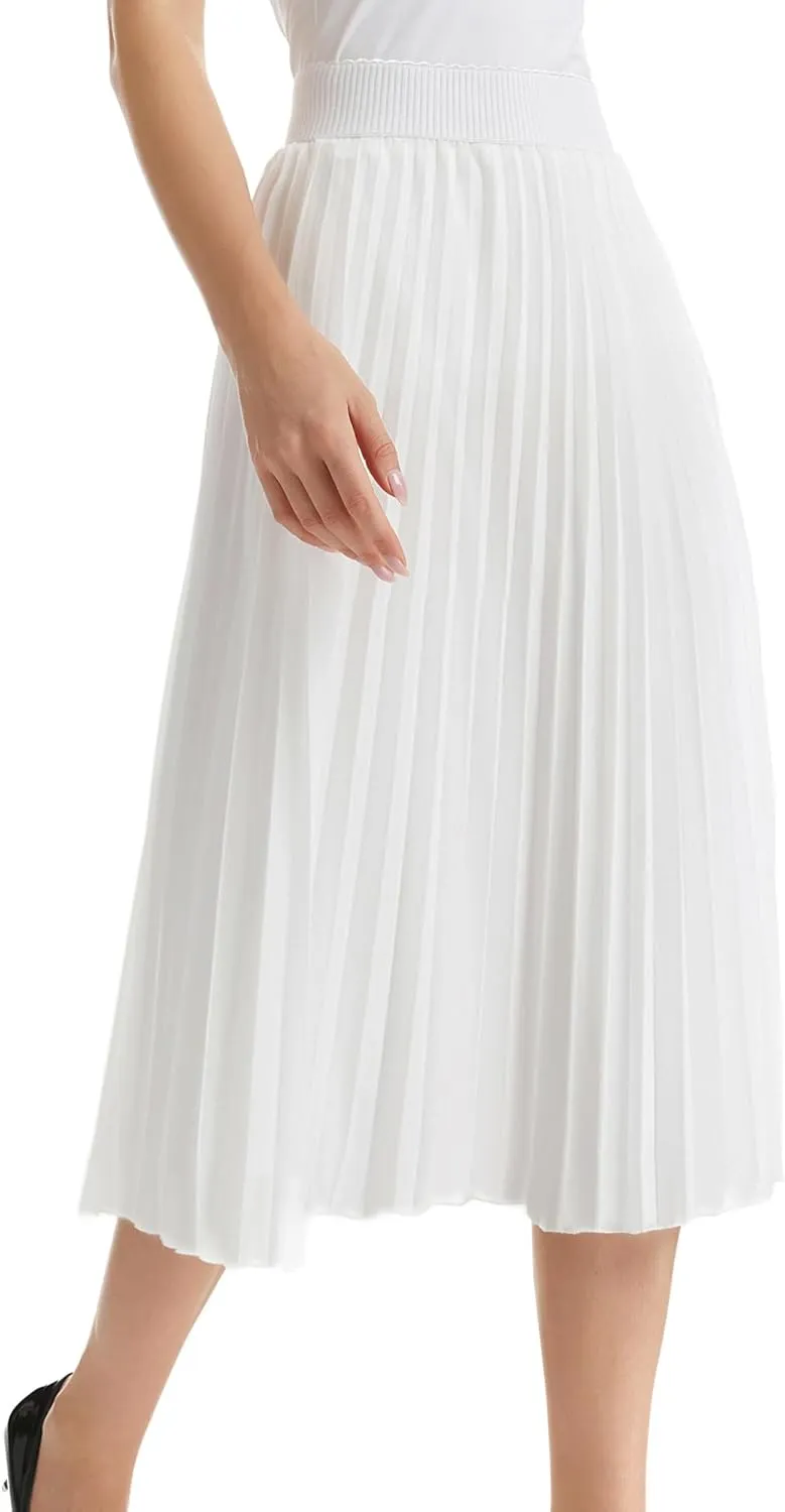 Womens Chiffon High Waist Skirt Pleated A-Line Swing Elastic Shirring Midi Length