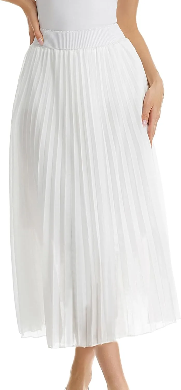 Womens Chiffon High Waist Skirt Pleated A-Line Swing Elastic Shirring Midi Length