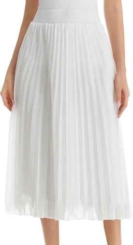 Womens Chiffon High Waist Skirt Pleated A-Line Swing Elastic Shirring Midi Length