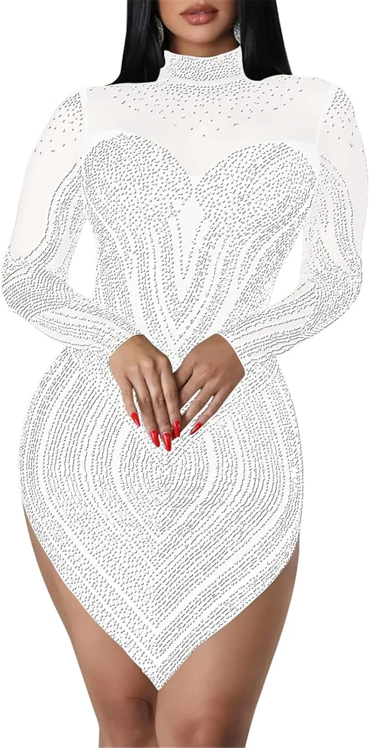 Women's Sexy Long Sleeve Turtleneck Rhinestones Mesh Bodycon High Low Hem Cocktail Party Dress