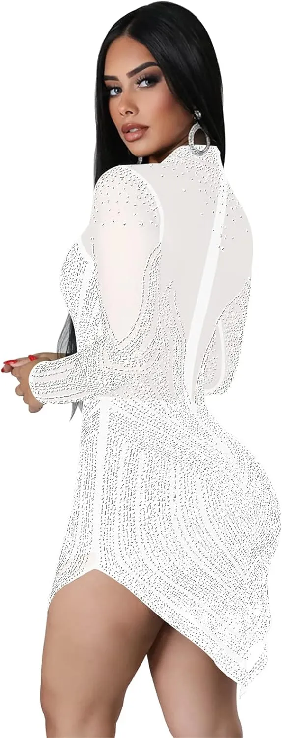 Women's Sexy Long Sleeve Turtleneck Rhinestones Mesh Bodycon High Low Hem Cocktail Party Dress