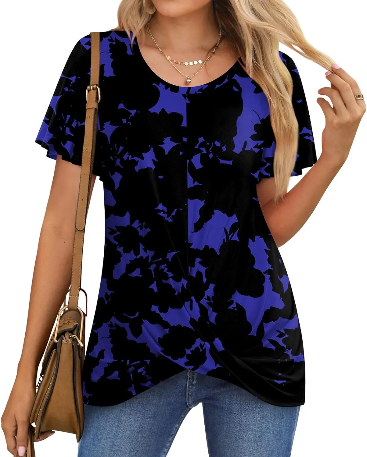 Women's Summer 2025 Casual Tunic Wavy Short Sleeve Blouse Front Twist Tops Tee For Leggings