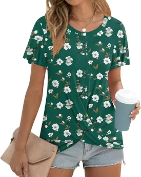 Women's Summer 2025 Casual Tunic Wavy Short Sleeve Blouse Front Twist Tops Tee For Leggings