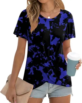 Women's Summer 2025 Casual Tunic Wavy Short Sleeve Blouse Front Twist Tops Tee For Leggings