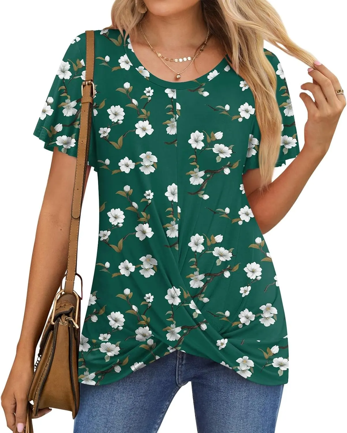 Women's Summer 2025 Casual Tunic Wavy Short Sleeve Blouse Front Twist Tops Tee For Leggings